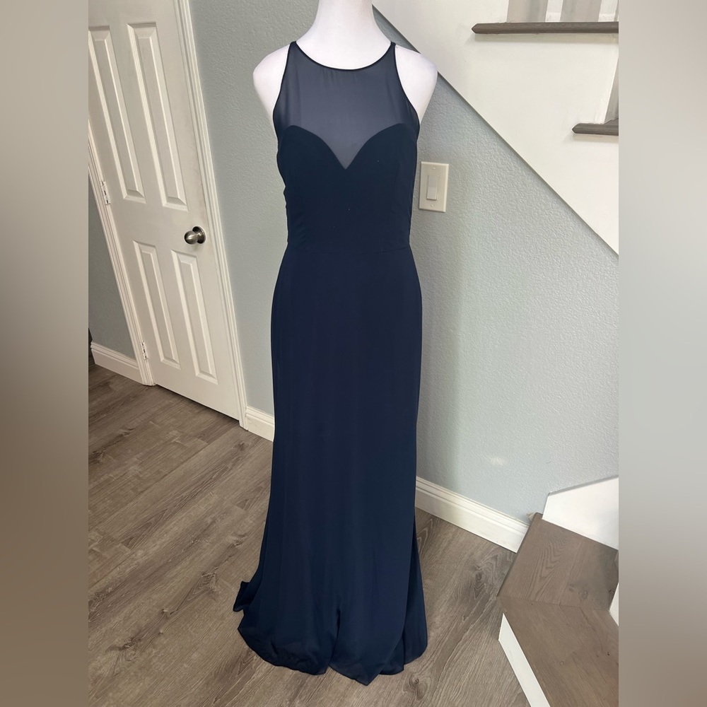 Dark blue gown, sheer overlay- Hayley Paige Occasions